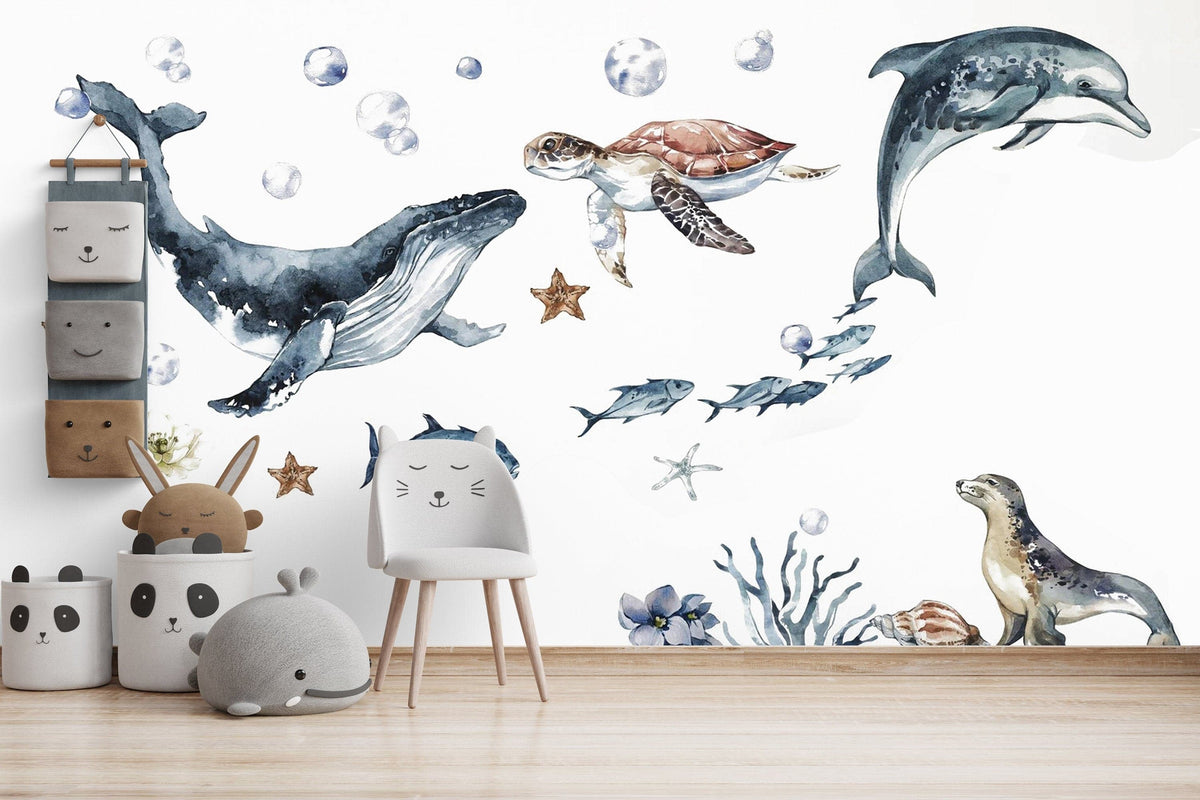 Ocean Animals Wall Decal for Kids and Nursery, Sticker Set, Dolphin, Turtle, Whale, Fishes, Seal,  Corals, Watercolour,  OCEAN Life