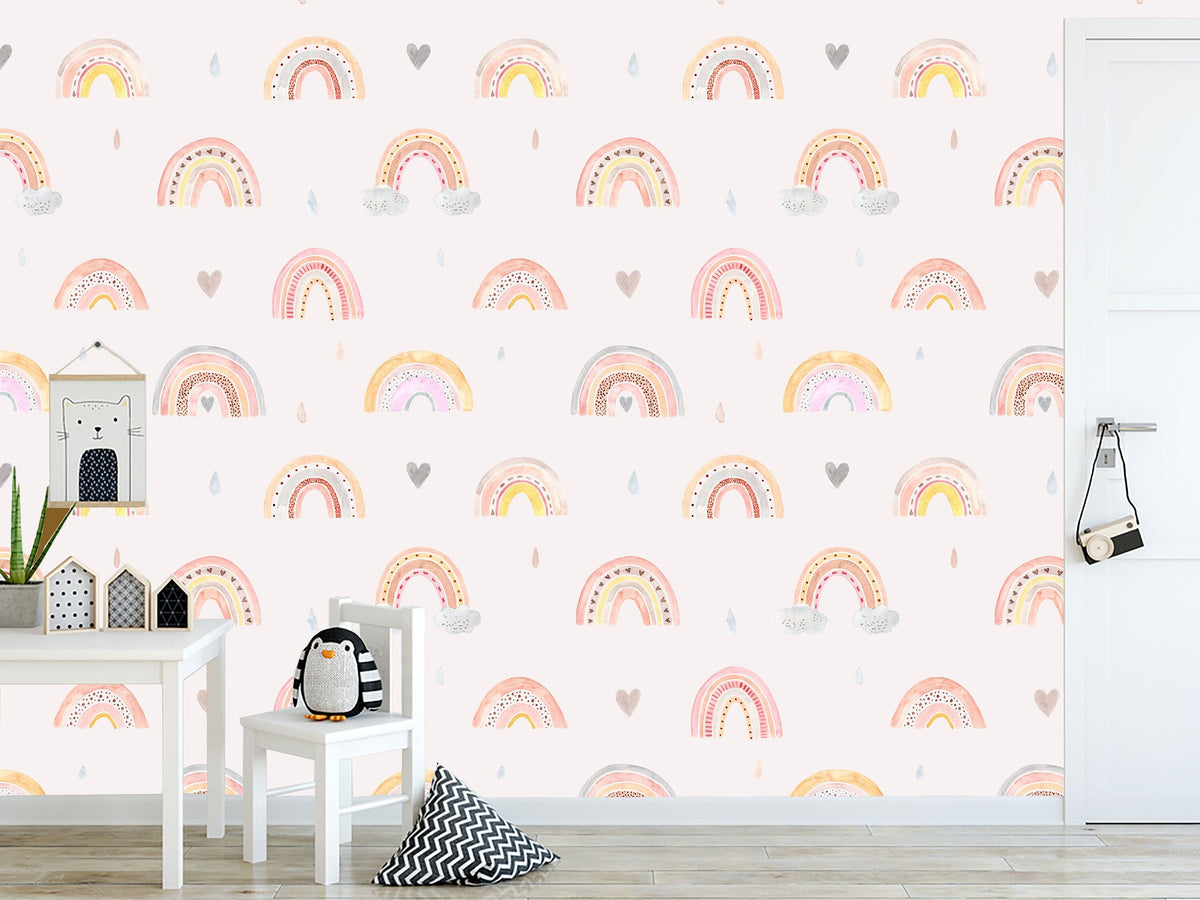 Watercolor Rainbow Rain Clouds Hearts Wallpaper Rain... | Wonderwallsboutique