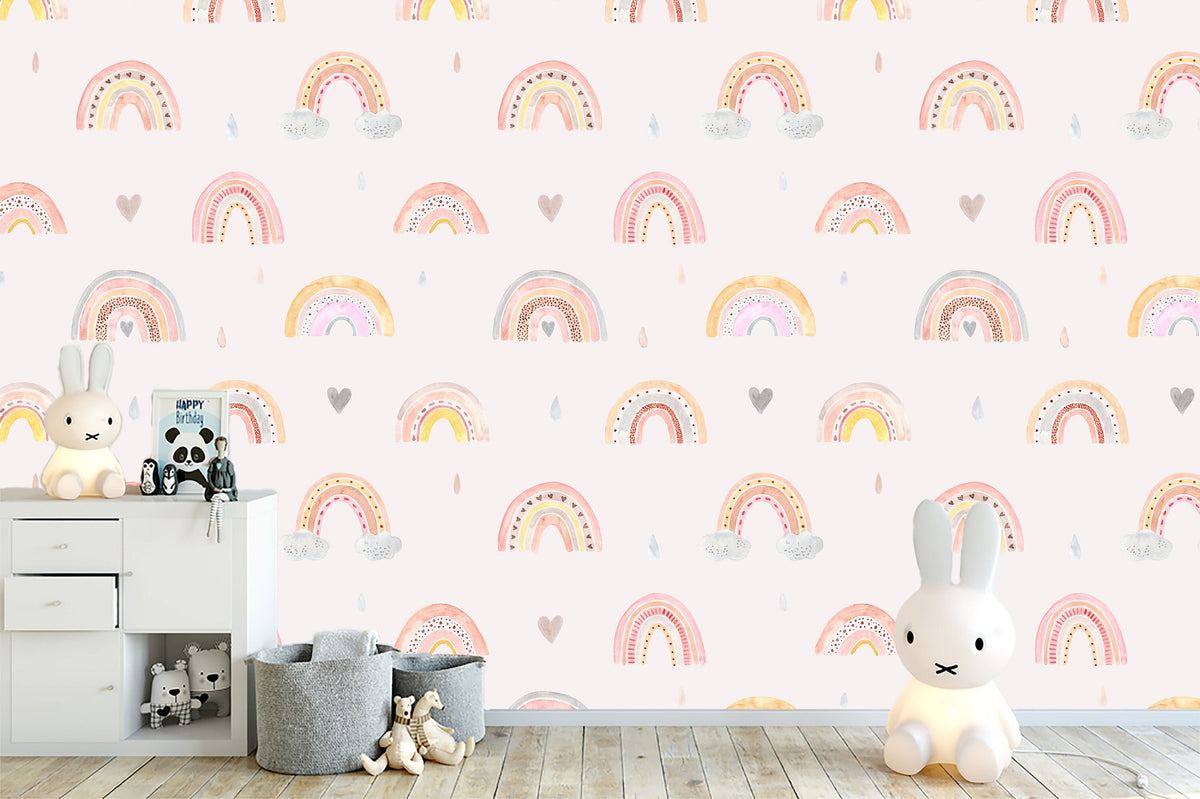 Watercolor Rainbow Rain Clouds Hearts Wallpaper Rain... | Wonderwallsboutique