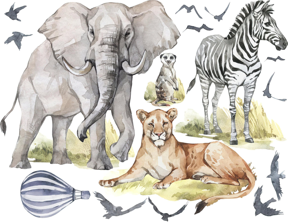 Big Animal Watercolor Wall Decal Set for kids, removable cute safari animals, Lion, Elephant nursery Stickers, Peel and stick 2