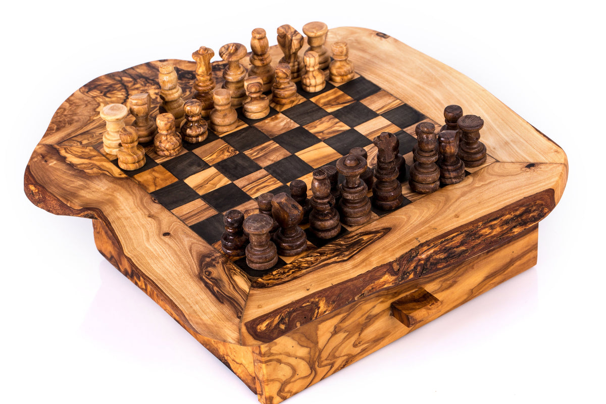 Handmade Olive Wood Chess Set with Storage Drawer - Luxury Wooden Board Game