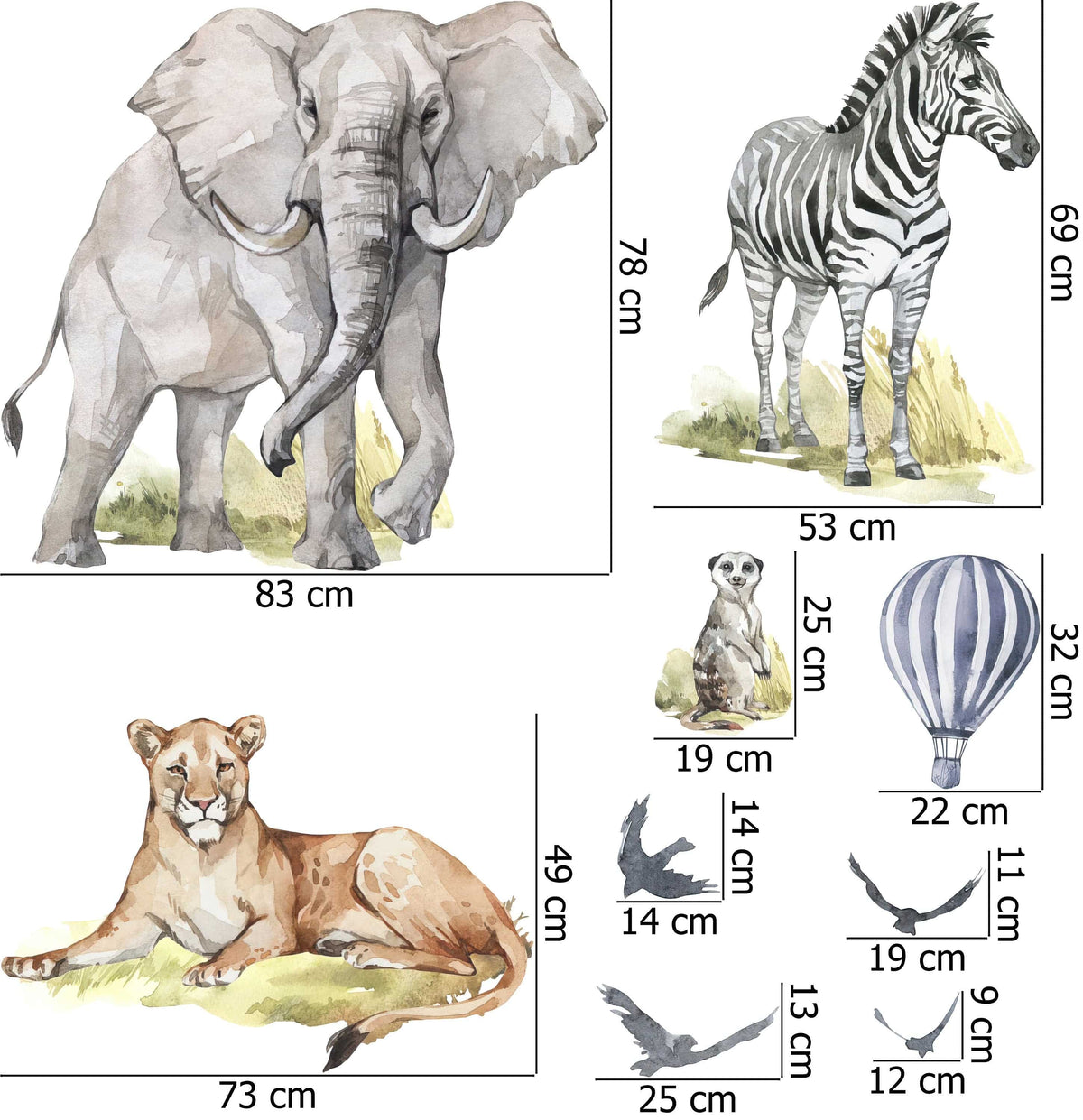 Big Animal Watercolor Wall Decal Set for kids, removable cute safari animals, Lion, Elephant nursery Stickers, Peel and stick 2