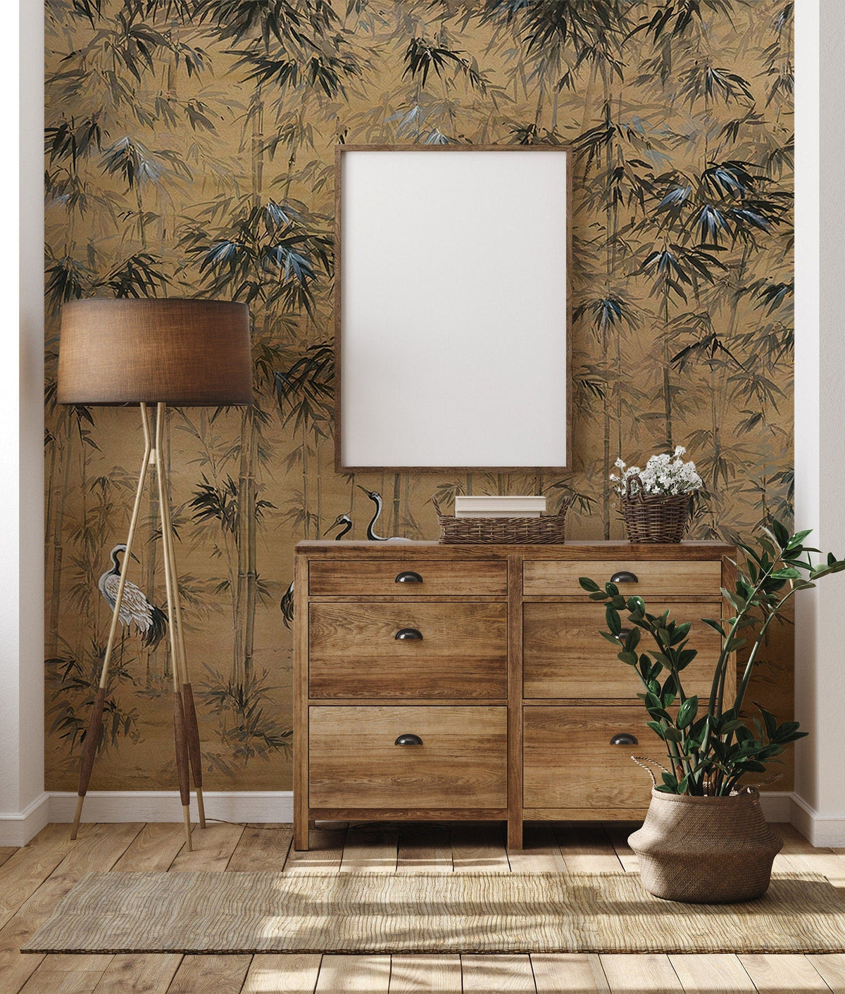 Crane Bird And Monstera Leaves Wallpaper Peel and Stick | Wonderwallsboutique