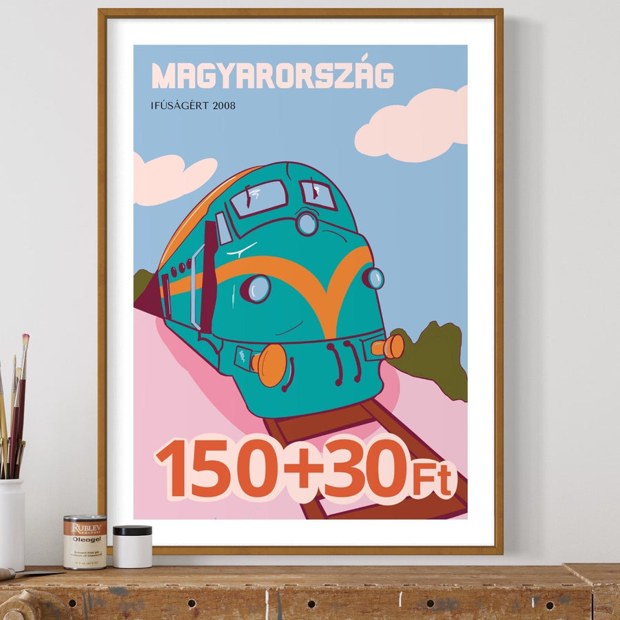 Retro colorful Hungarian train print, premium A4 unframed wall art, vintage inspired decor, best-selling UK printed recycled paper by Little Egret Design at brixbailey.com