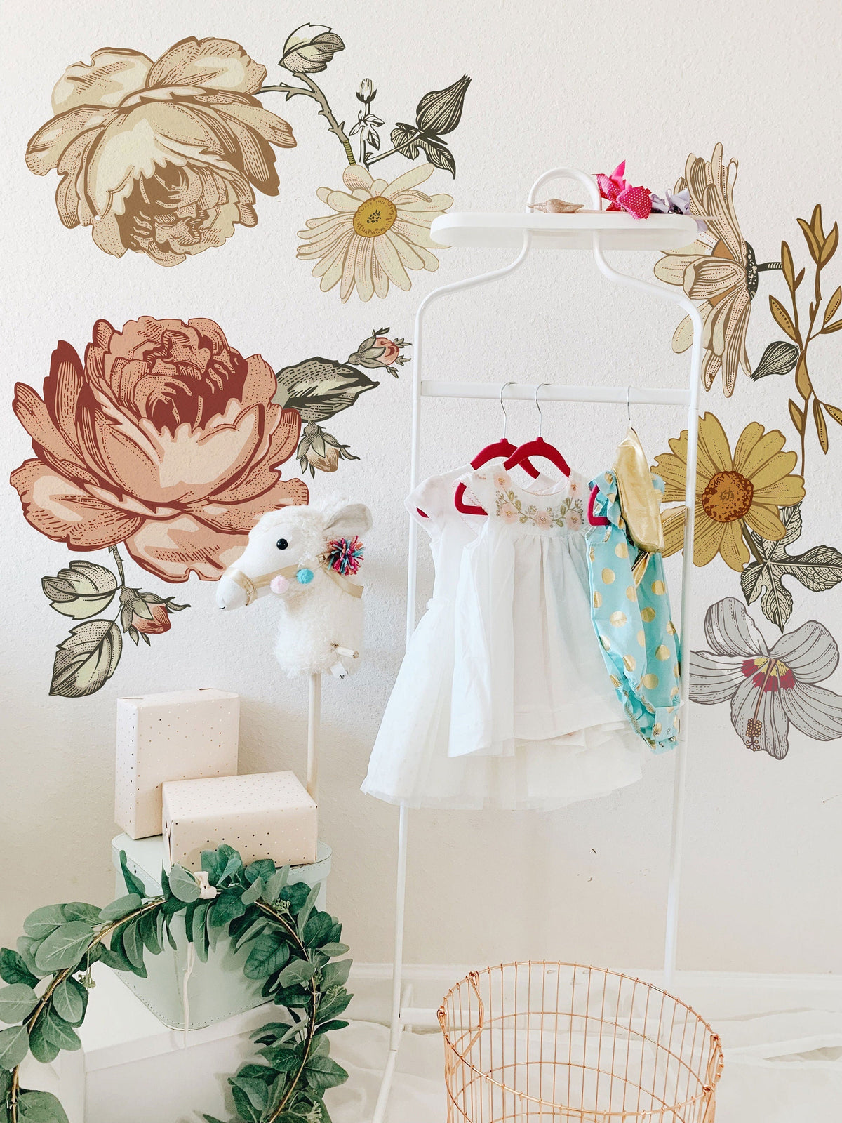 Soft Nursery Floral Wall Decal Wall Sticker for Kids Vintage Peony Flower, Madelyn nursery wall decal,