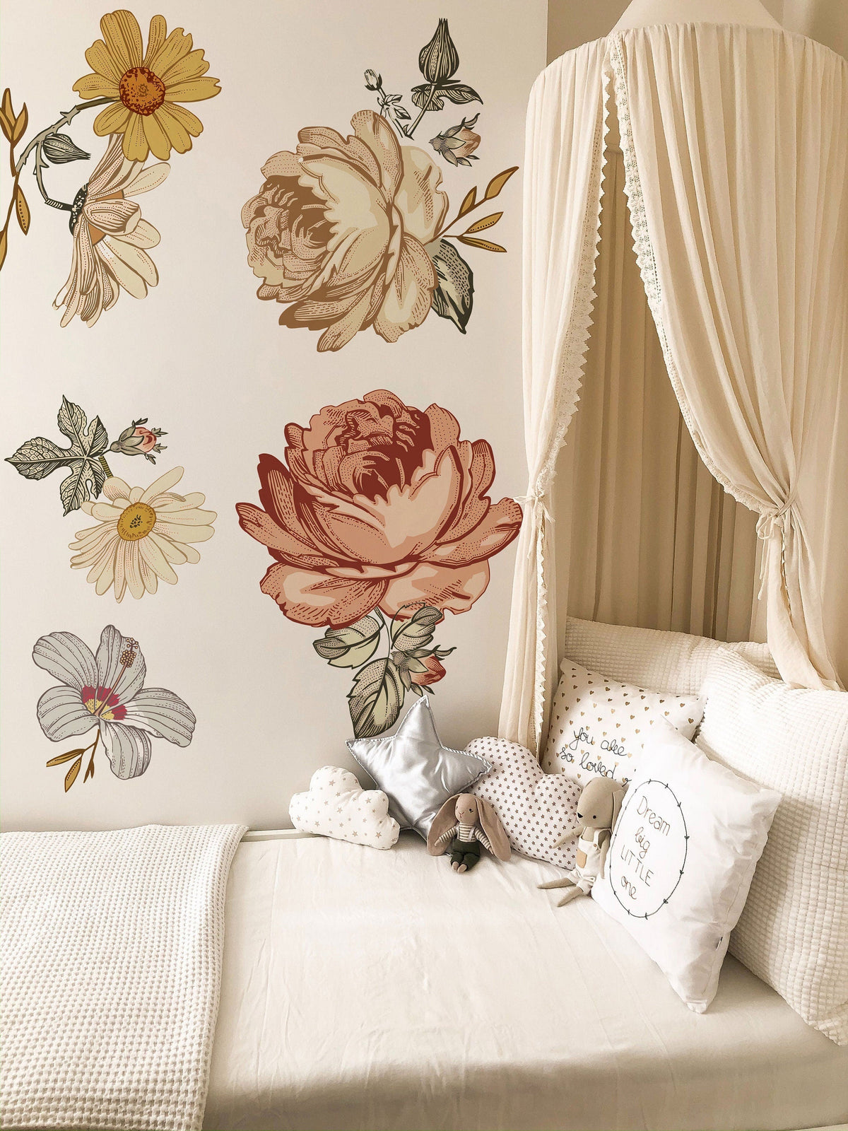 Soft Nursery Floral Wall Decal Wall Sticker for Kids Vintage Peony Flower, Madelyn nursery wall decal,