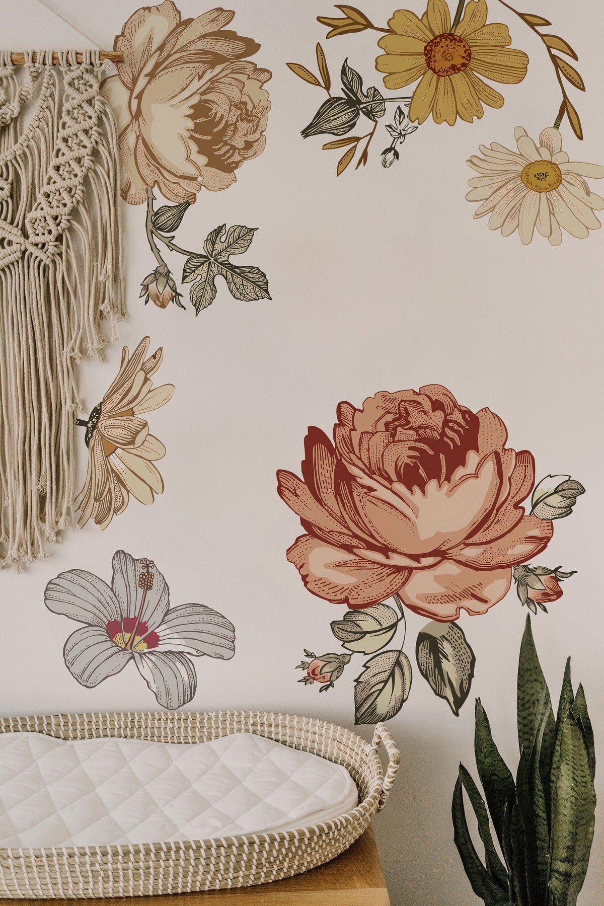 Soft Nursery Floral Wall Decal Wall Sticker for Kids Vintage Peony Flower, Madelyn nursery wall decal,