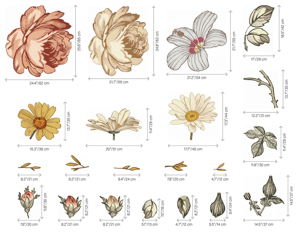 Soft Nursery Floral Wall Decal Wall Sticker for Kids Vintage Peony Flower, Madelyn nursery wall decal,