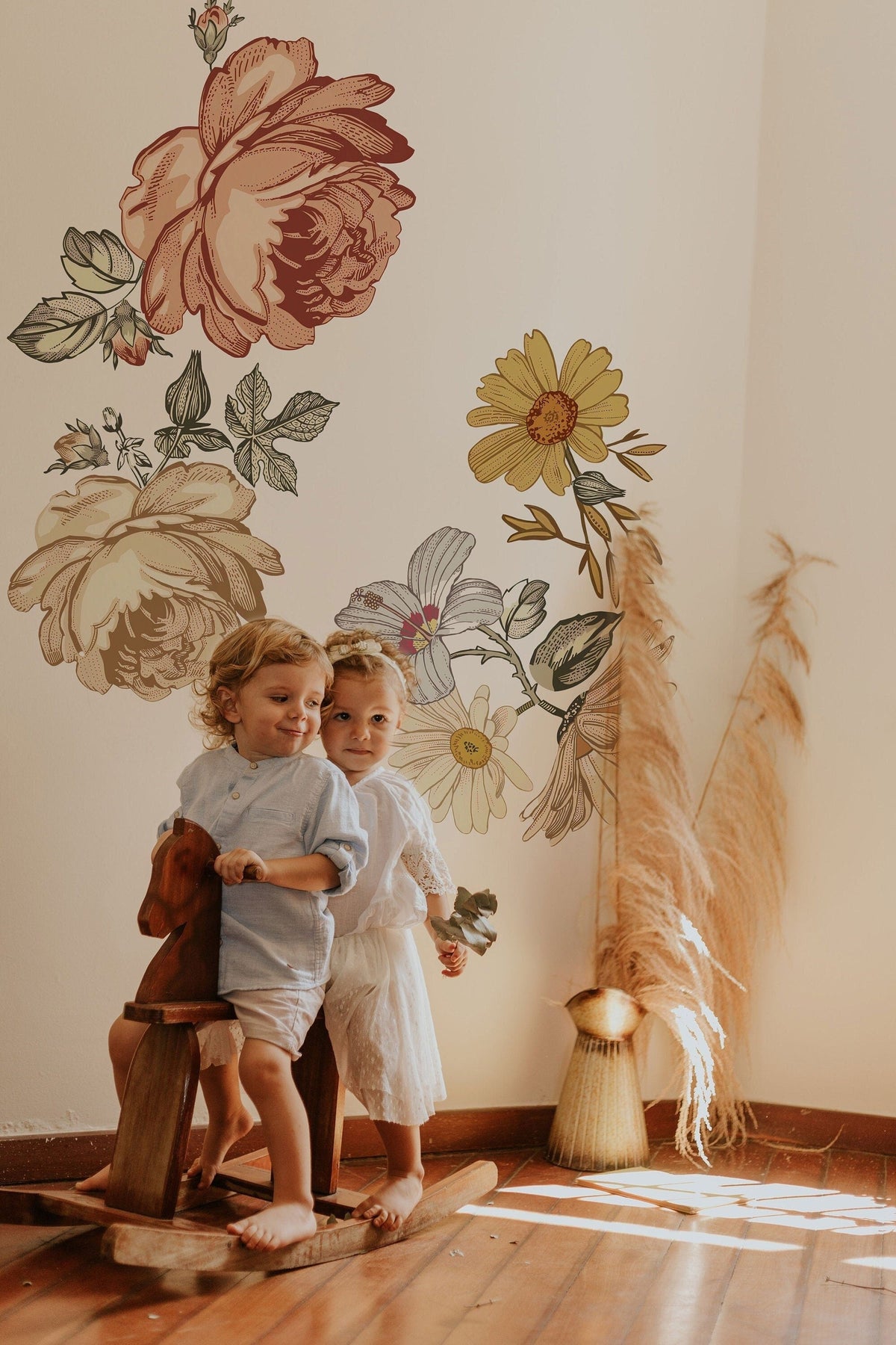 Soft Nursery Floral Wall Decal Wall Sticker for Kids Vintage Peony Flower, Madelyn nursery wall decal,