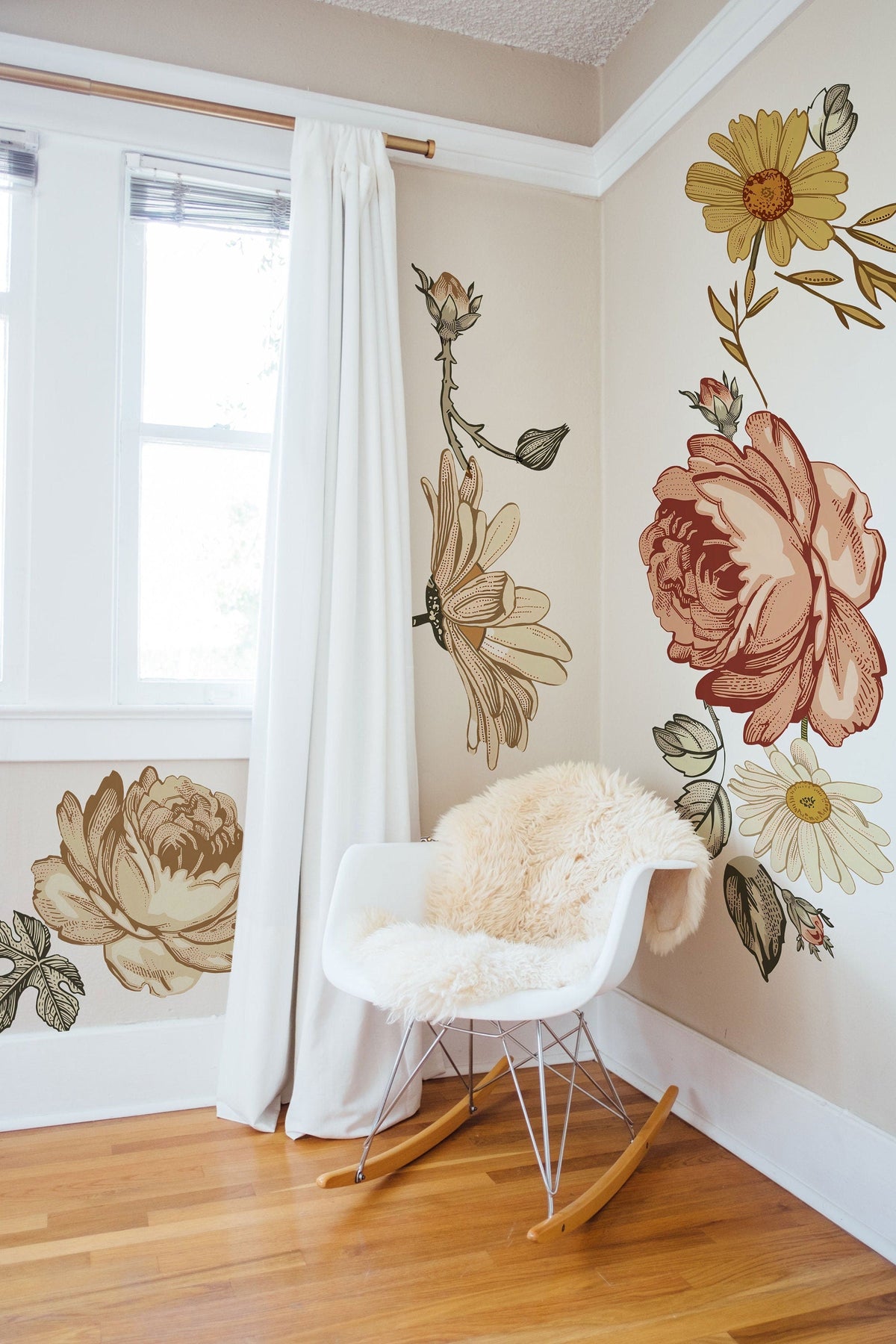 Soft Nursery Floral Wall Decal Wall Sticker for Kids Vintage Peony Flower, Madelyn nursery wall decal,