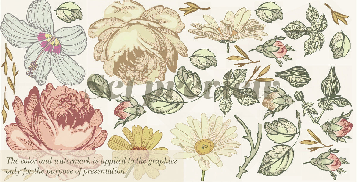 Soft Nursery Floral Wall Decal Wall Sticker for Kids Vintage Peony Flower, Madelyn nursery wall decal,