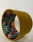 Mustard velvet drum lampshade/ ceiling light shade with wonderland paper interior