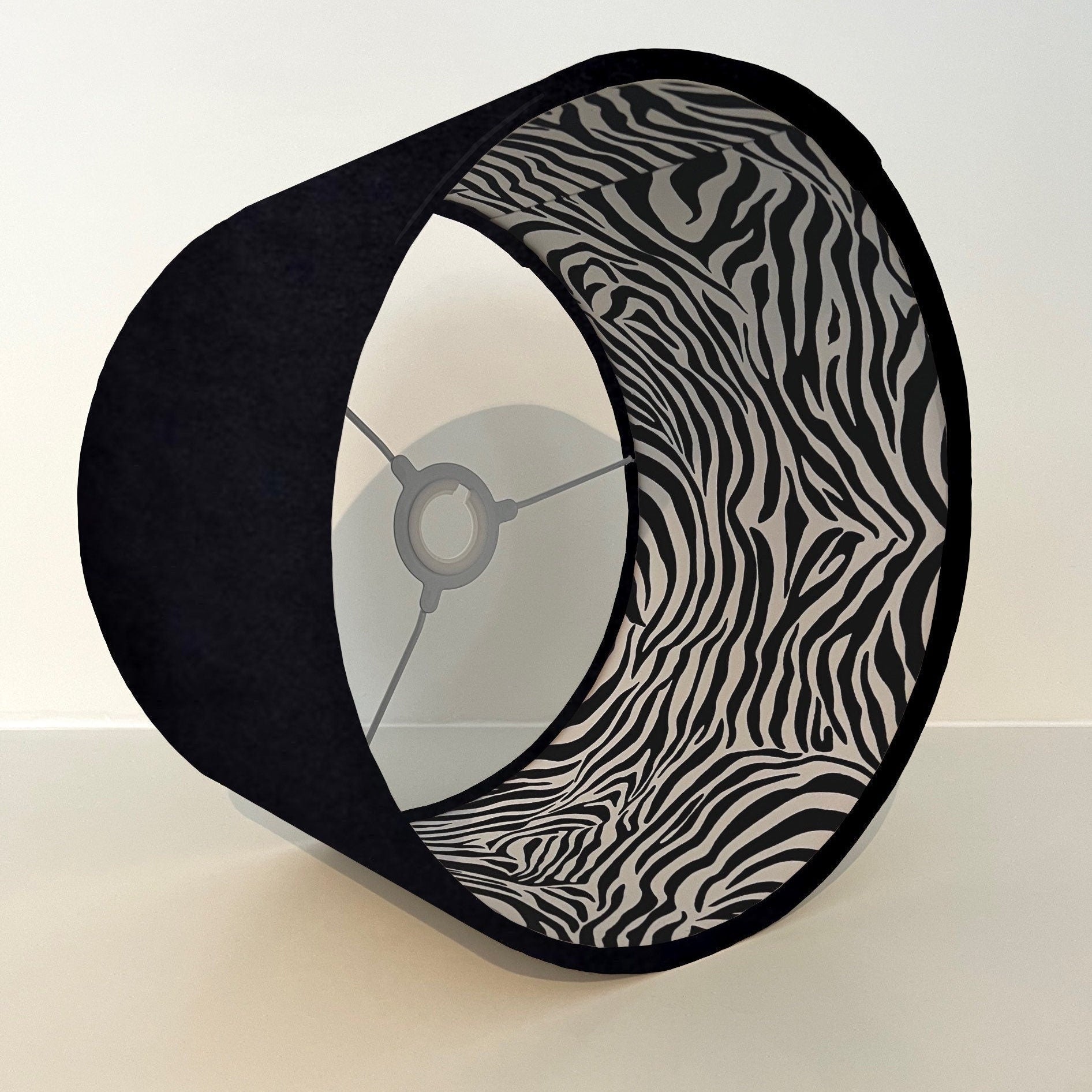 Black Velvet &amp; Zebra Cotton Double Sided Drum Lampshade | Handmade Ceiling Light Shade | Bespoke UK