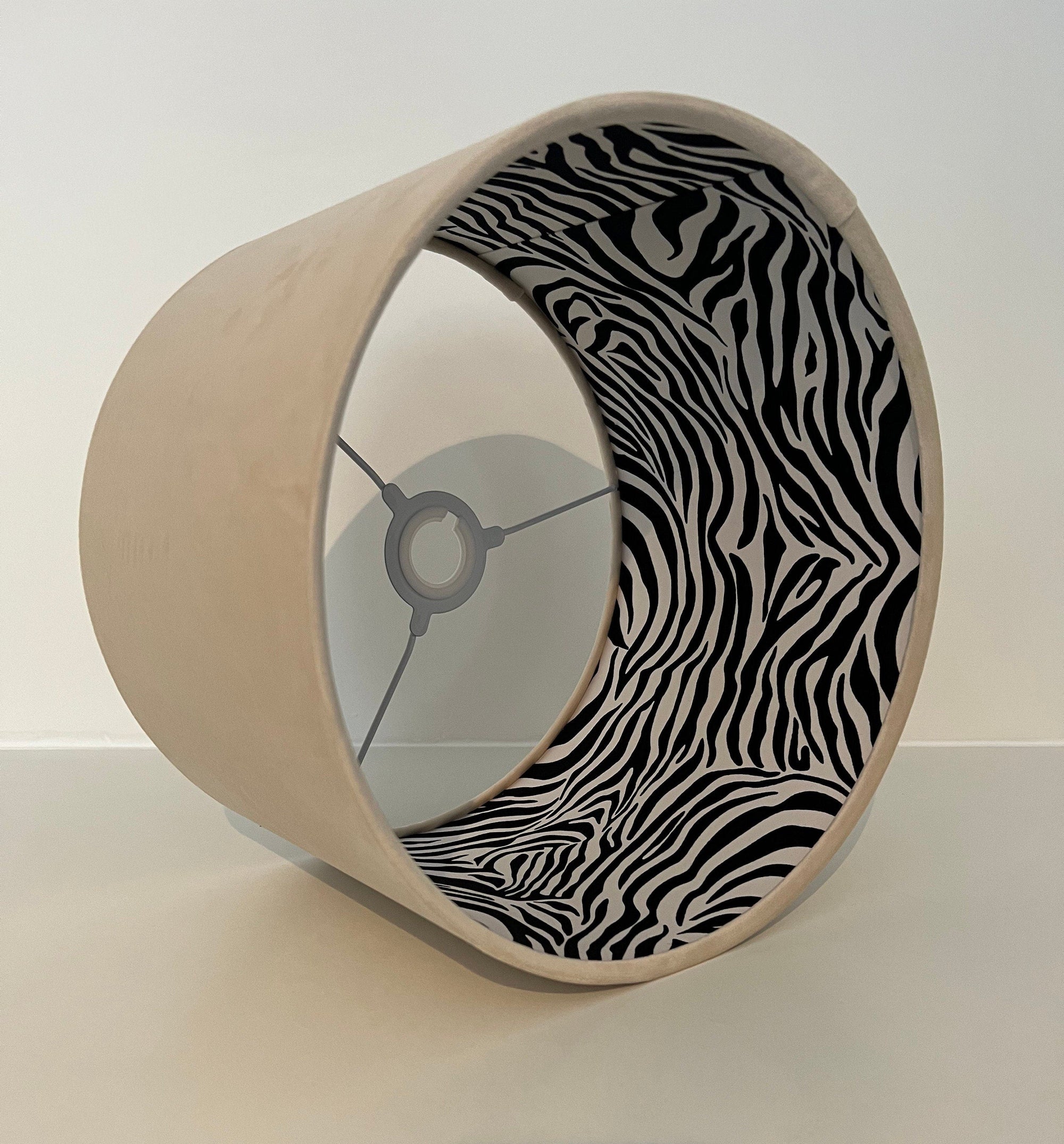 Cream Velvet &amp; Zebra Cotton Double Sided Drum Lampshade | Handmade Ceiling Light Shade | Bespoke UK