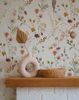 Watercolor Wild Flower Wallpaper | Soft Botanical Field Floral Wall Mural | Peel and Stick Little Florals with Grass Wallpaper