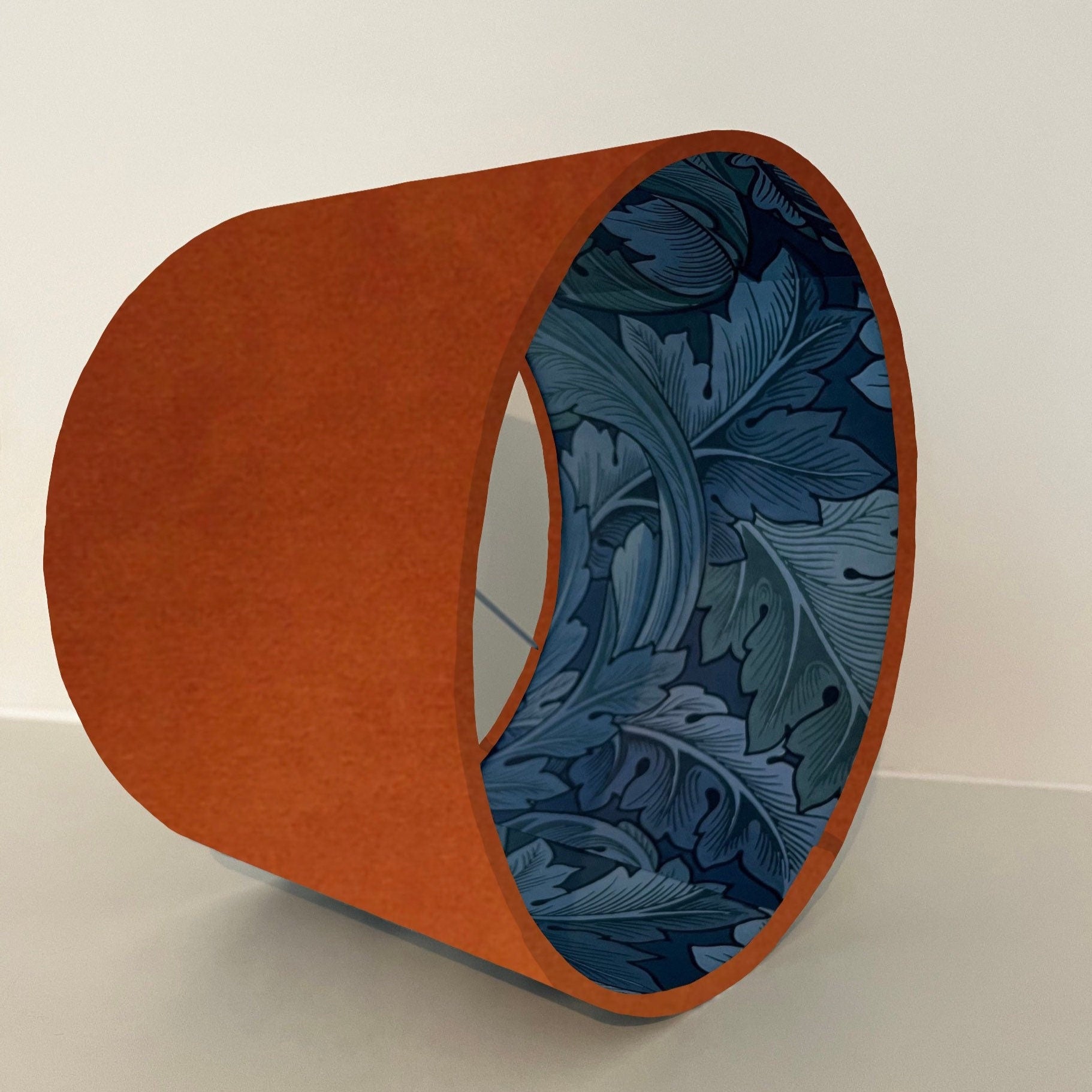 Burnt orange velvet drum lampshade/ ceiling light shade with blue leaves paper interior