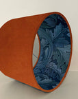 Burnt orange velvet drum lampshade/ ceiling light shade with blue leaves paper interior