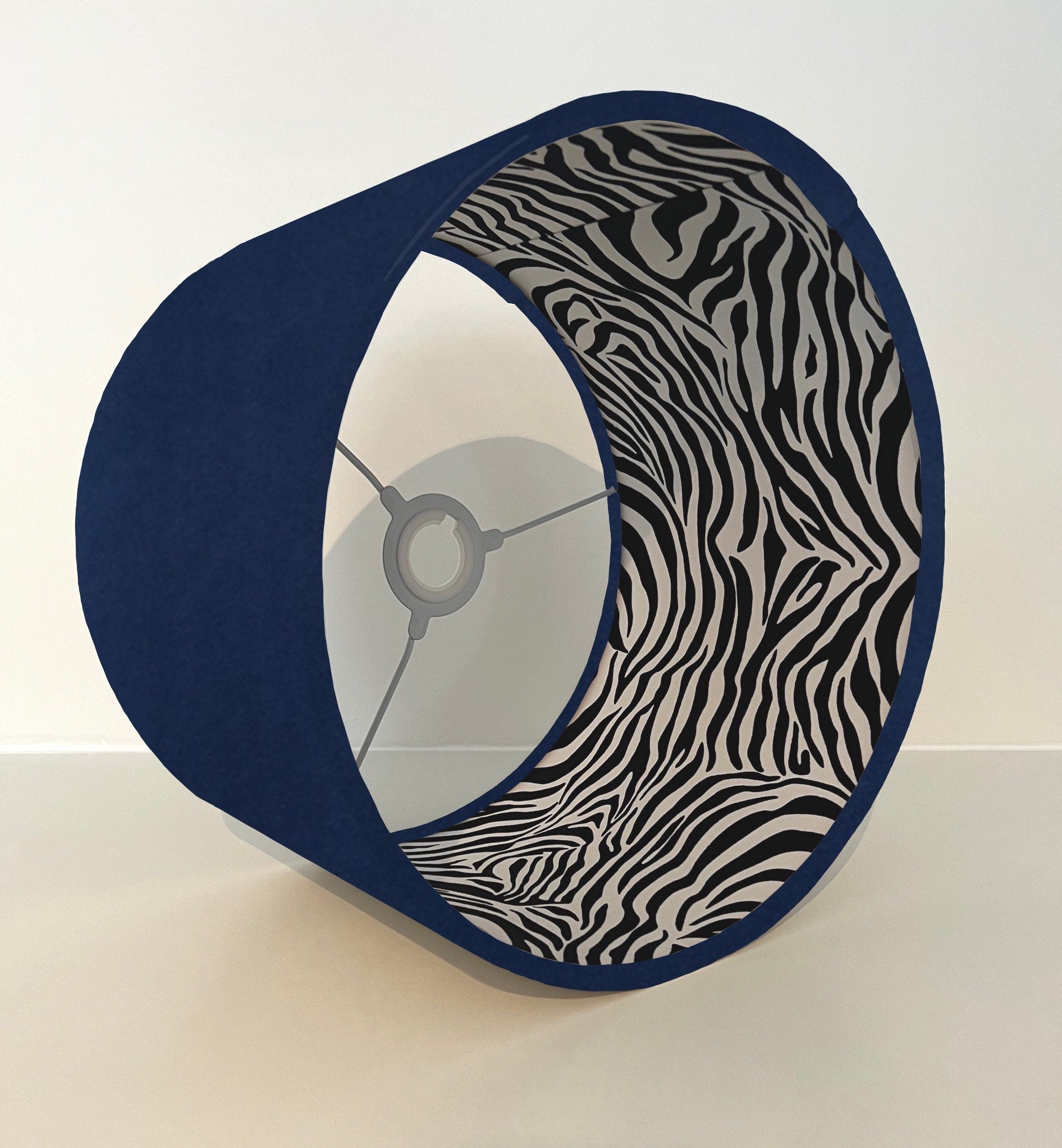 Navy Velvet &amp; Zebra Cotton Double Sided Drum Lampshade | Handmade Ceiling Light Shade | Bespoke UK