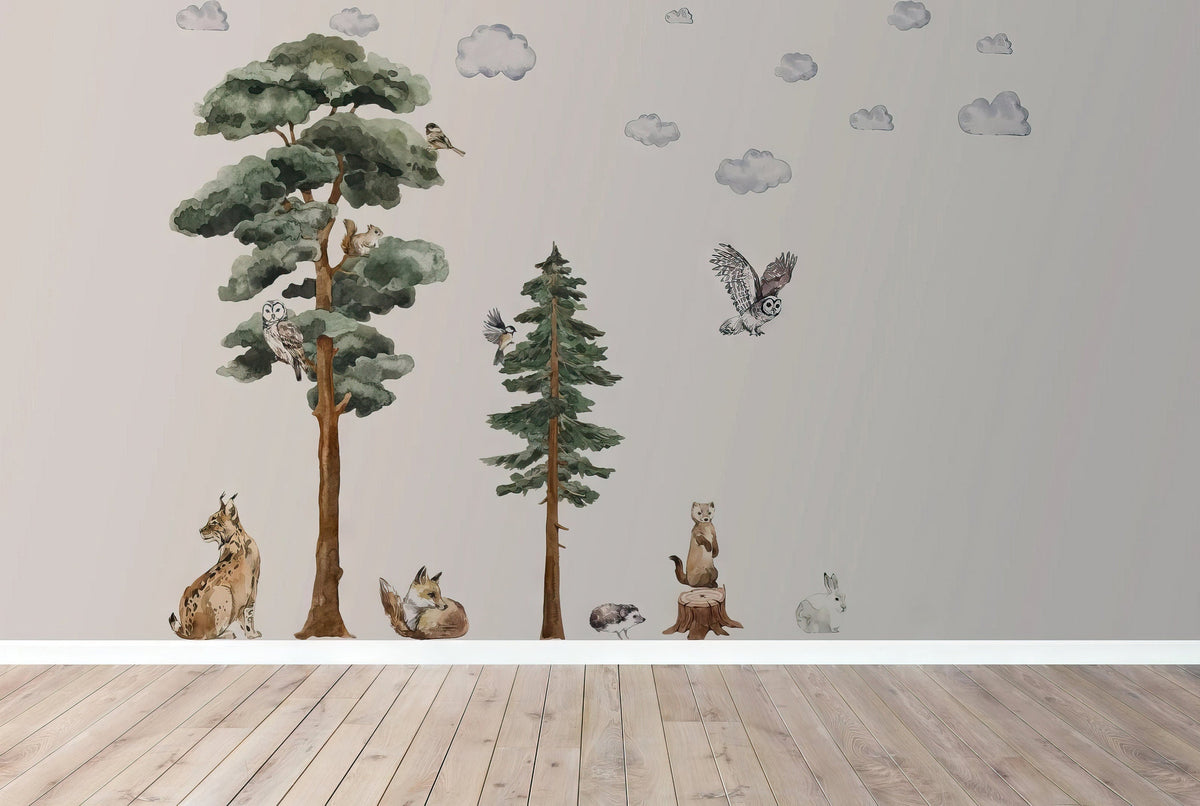 Woodland Forest Animal Wall Decals | Watercolor Nursery Decor | Backwoods Trees and Animals | Peel and Stick Kids Wall Art