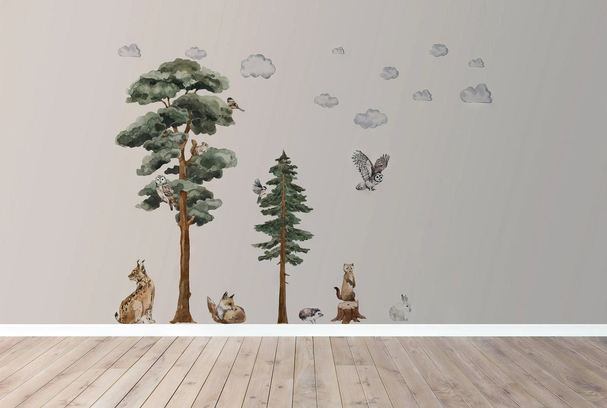 Woodland Forest Animal Wall Decals | Watercolor Nursery Decor | Backwoods Trees and Animals | Peel and Stick Kids Wall Art