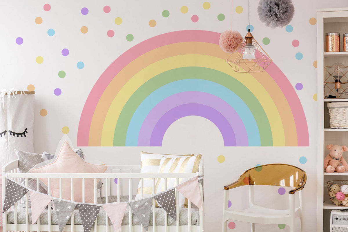 Large Rainbow Decal for Girl Bedroom, Gift Polka Dots Wall Stickers Kids, Pastel Rainbow Vinyl Sticker Playroom, Rainbow Nursery Decoration
