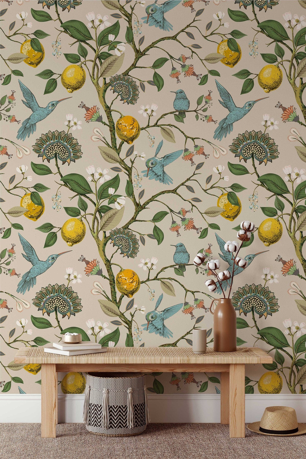 Lemon Grove Hummingbirds Peel and Stick Wallpaper - Removable Self-Adhesive for Nursery or Kitchen