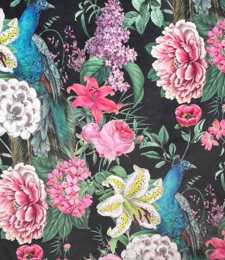 Black Peacock Floral Velvet Lampshade | French Drum Ceiling Light Shade | Bespoke Handmade Empire Lampshade