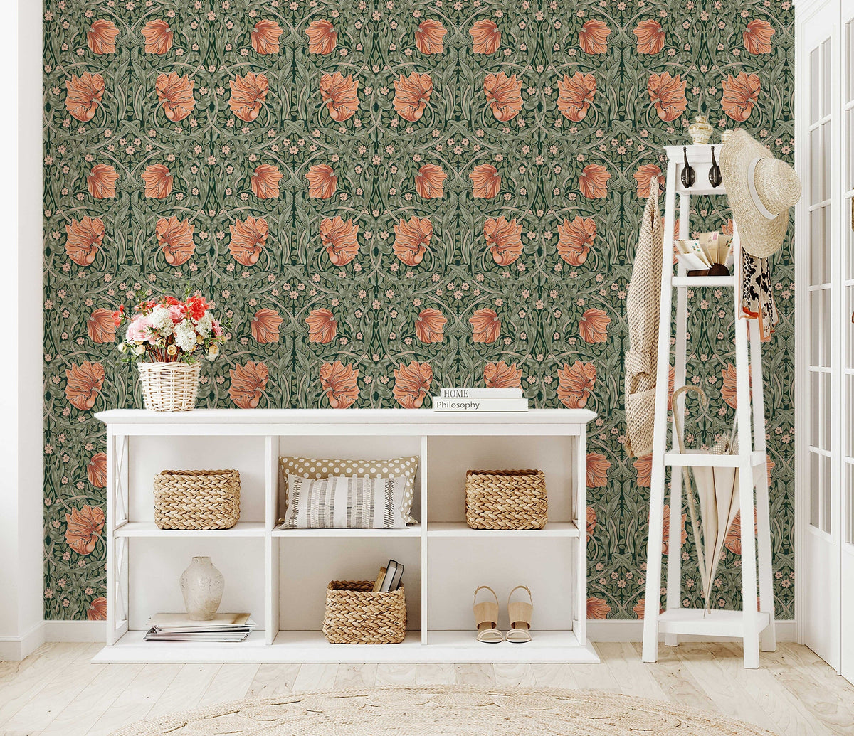 William Morris Pimpernel Pattern Peel and Stick Wallpaper Self-Adhesive Removable Wallcovering Fabric &amp; Light Canvas Texture Wall Murals