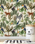 Playful Jungle Animals Watercolour Wallpaper for Nursery and Kids' Room Décor