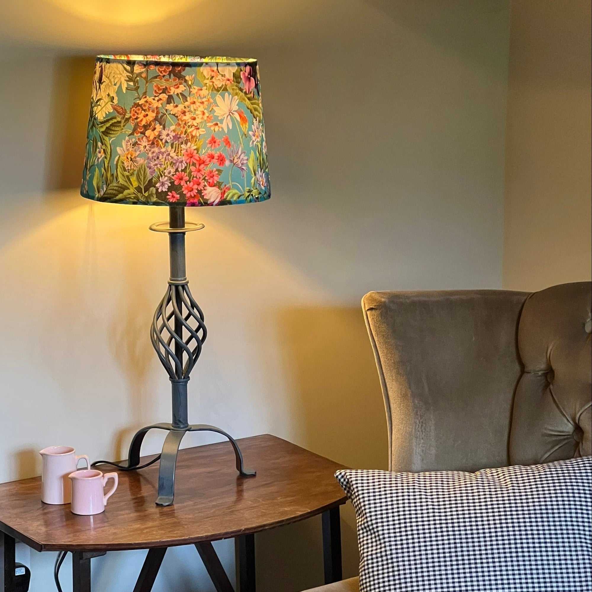 Teal Flowers Velvet Lampshade | French Drum Ceiling Light Shade | Bespoke Handmade Empire Lampshade