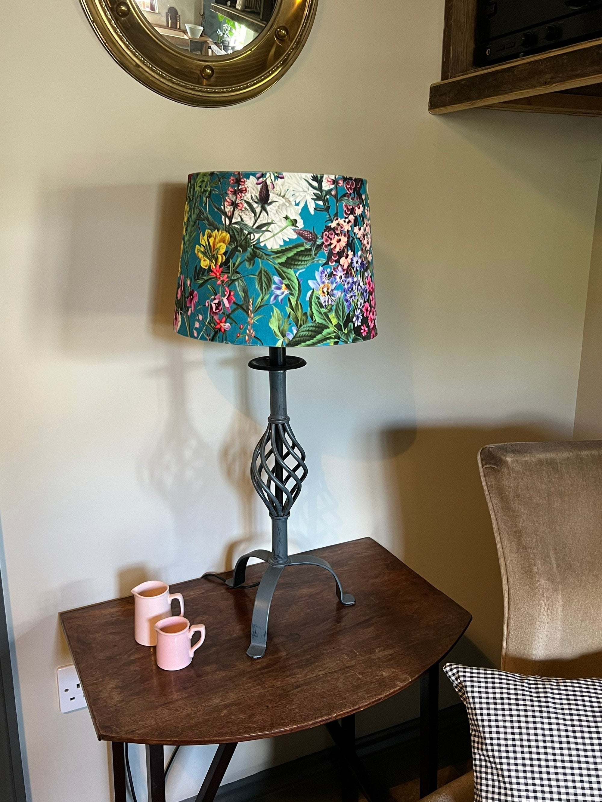 Teal Flowers Velvet Lampshade | French Drum Ceiling Light Shade | Bespoke Handmade Empire Lampshade