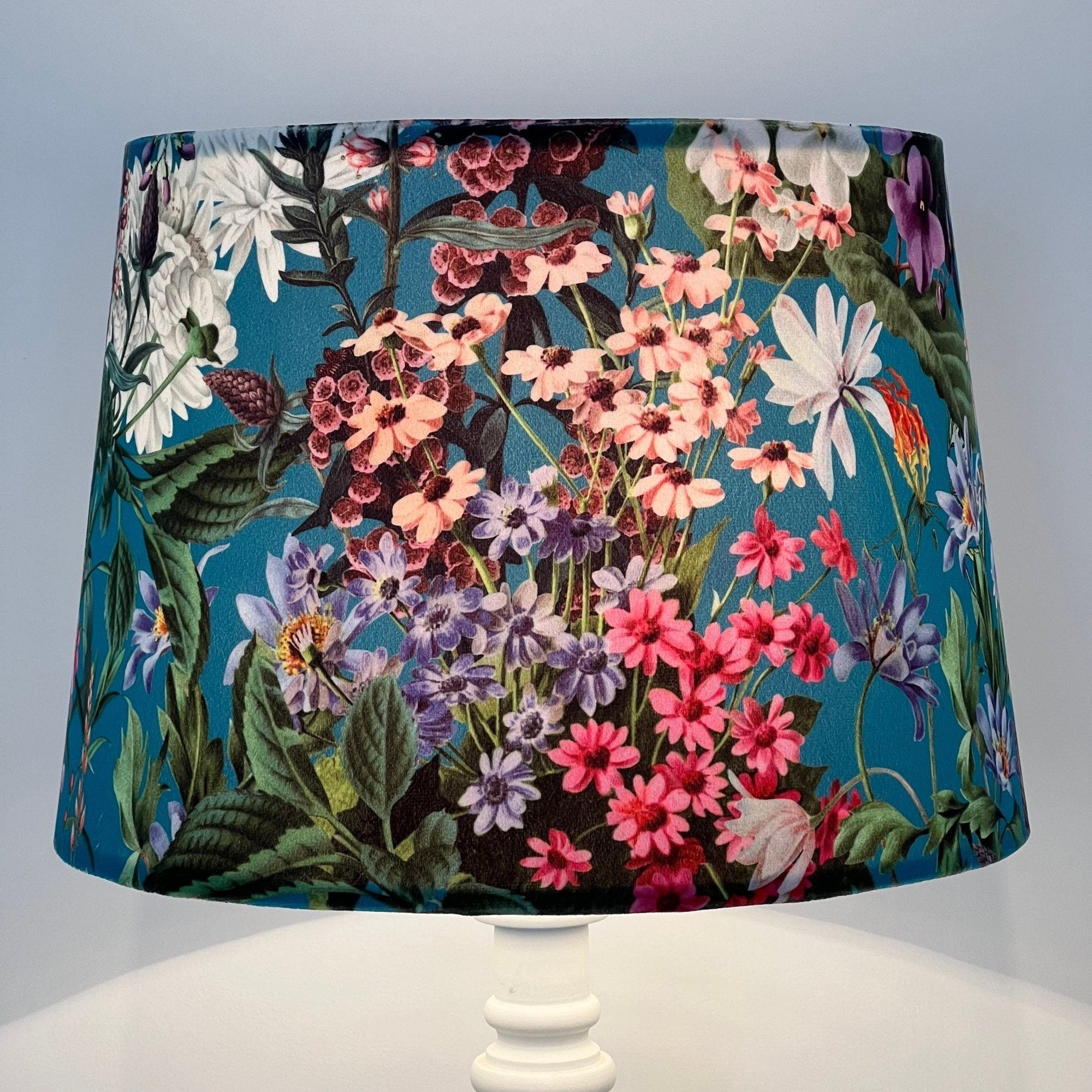 Teal Flowers Velvet Lampshade | French Drum Ceiling Light Shade | Bespoke Handmade Empire Lampshade