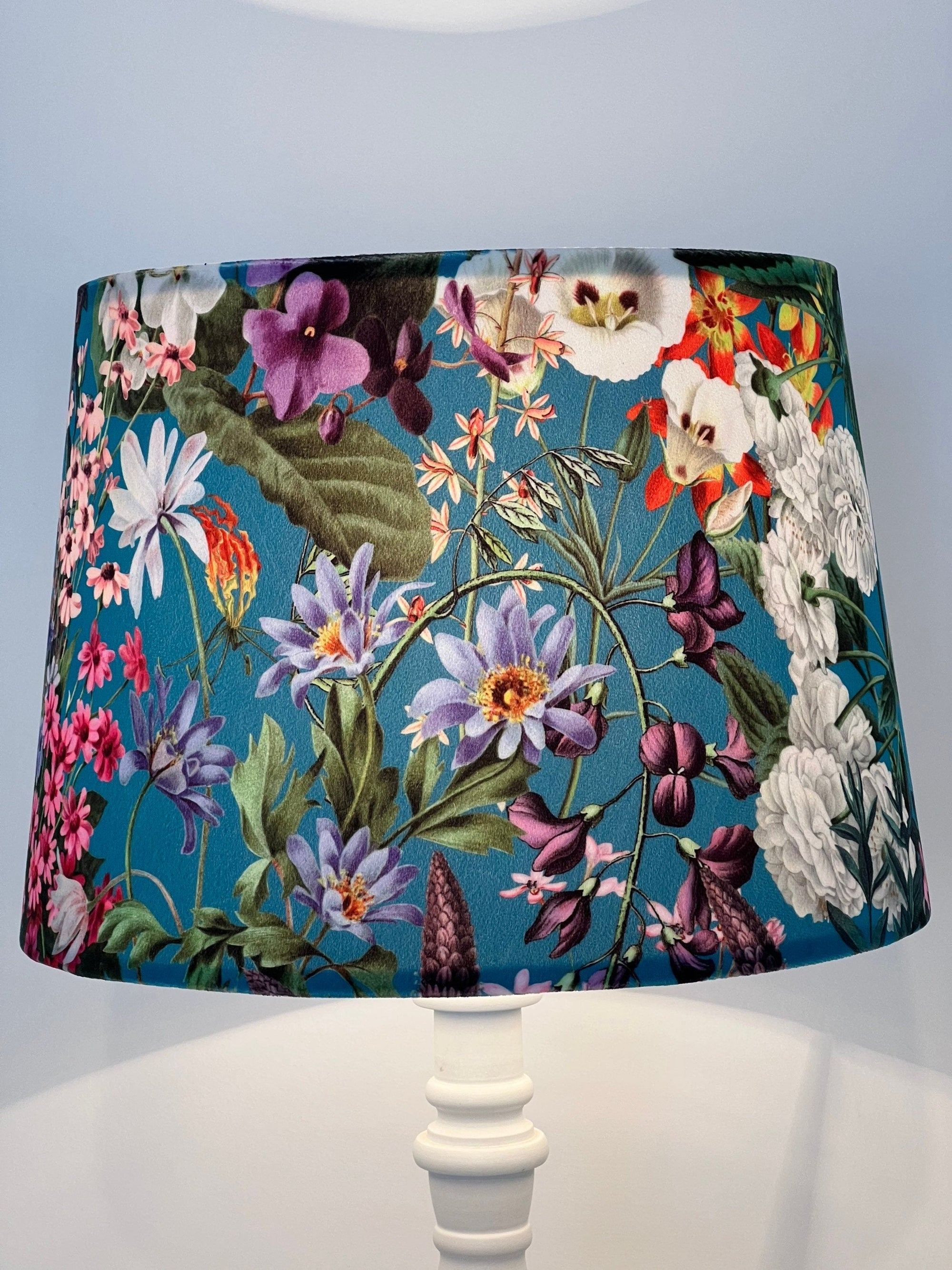 Teal Flowers Velvet Lampshade | French Drum Ceiling Light Shade | Bespoke Handmade Empire Lampshade