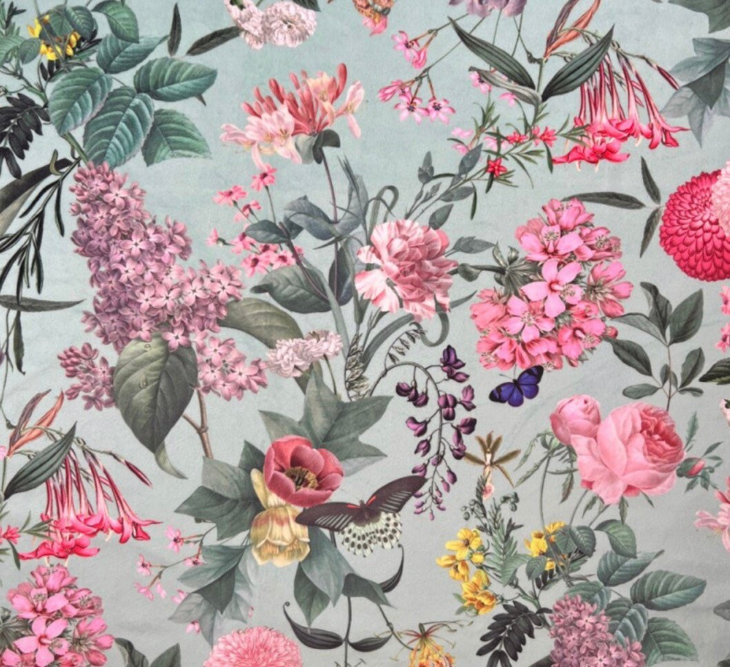 Butterfly floral velvet in duck egg, drum lampshade / ceiling shade, with a white lining