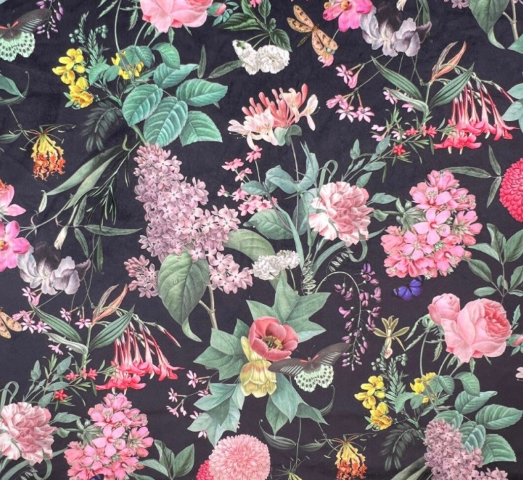 Butterfly floral velvet in black, drum lampshade / ceiling shade, with a white lining