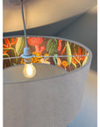 Grey velvet drum lampshade/ ceiling light shade with wonderland paper interior