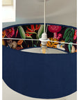 Navy velvet drum lampshade/ ceiling light shade with wonderland paper interior