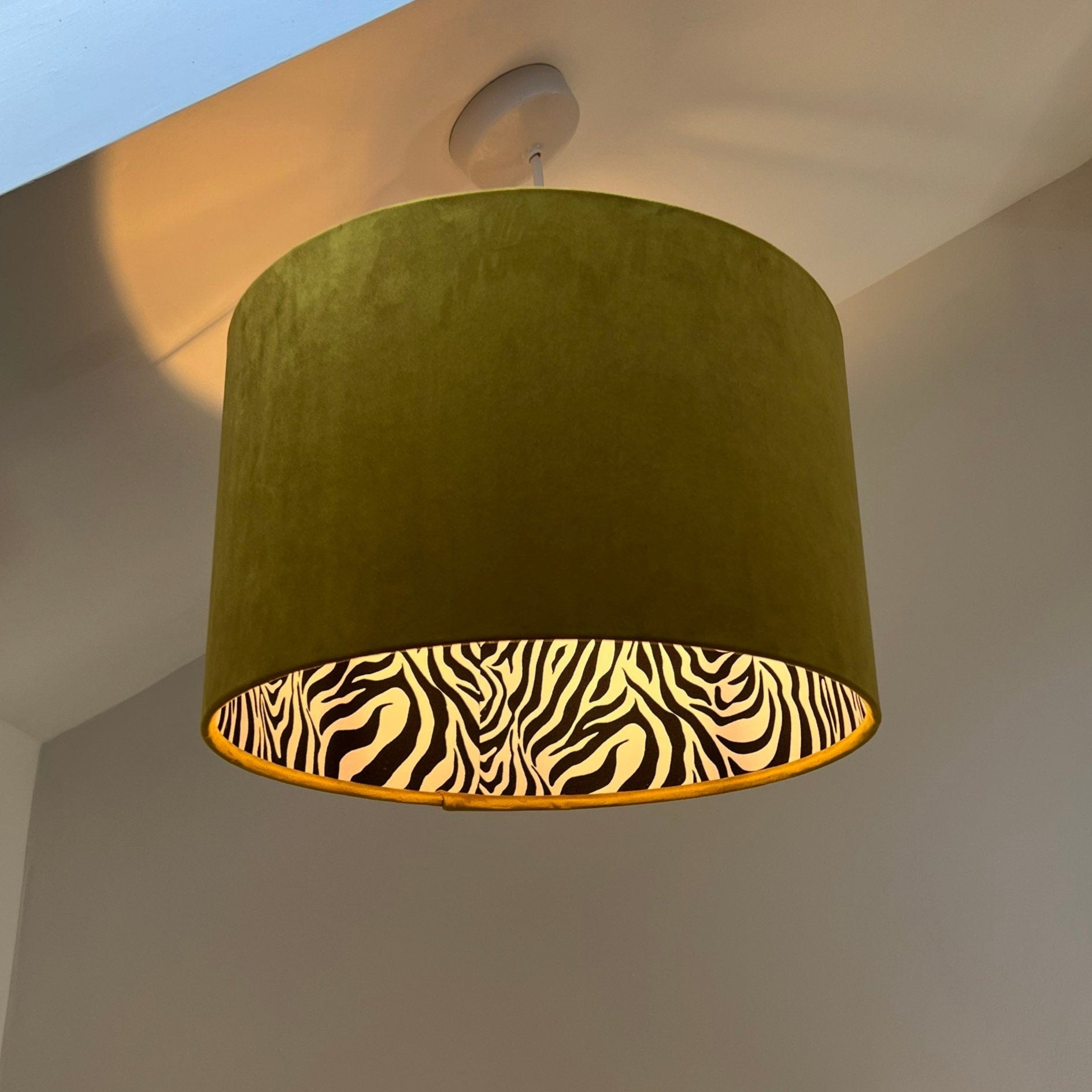 Mustard Velvet &amp; Zebra Cotton Double Sided Drum Lampshade | Handmade Ceiling Light Shade | Bespoke UK