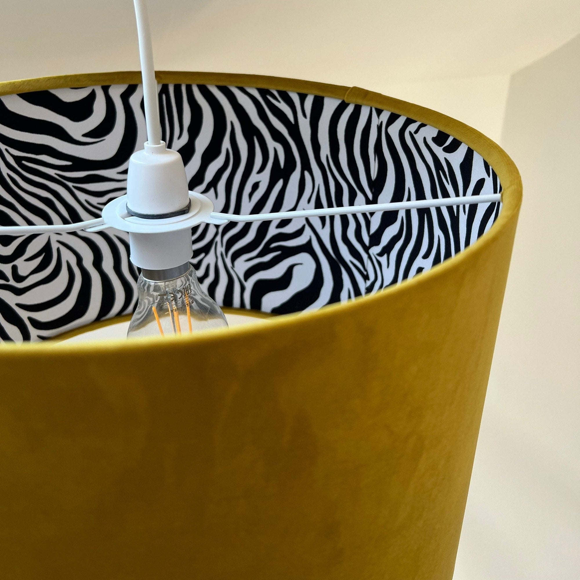 Mustard Velvet &amp; Zebra Cotton Double Sided Drum Lampshade | Handmade Ceiling Light Shade | Bespoke UK