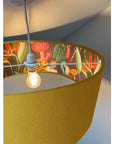 Mustard velvet drum lampshade/ ceiling light shade with wonderland paper interior