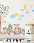 Woodland Watercolour Oak Pine Tree Decal with Animals - Bear, Fox, Raccoon, Rabbit, Squirrel, Porcupine