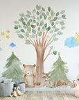 Woodland Watercolour Oak Pine Tree Decal with Animals - Bear, Fox, Raccoon, Rabbit, Squirrel, Porcupine