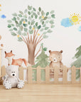 Woodland Watercolour Oak Pine Tree Decal with Animals - Bear, Fox, Raccoon, Rabbit, Squirrel, Porcupine