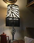 Zebra print velboa french drum lampshade, with black fringe and braid