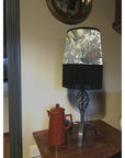 Peacock, butterfly velvet french drum lampshade, in grey, with black fringe and braid