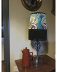 Peacock, floral velvet french drum lampshade, in blue, with black fringe and braid