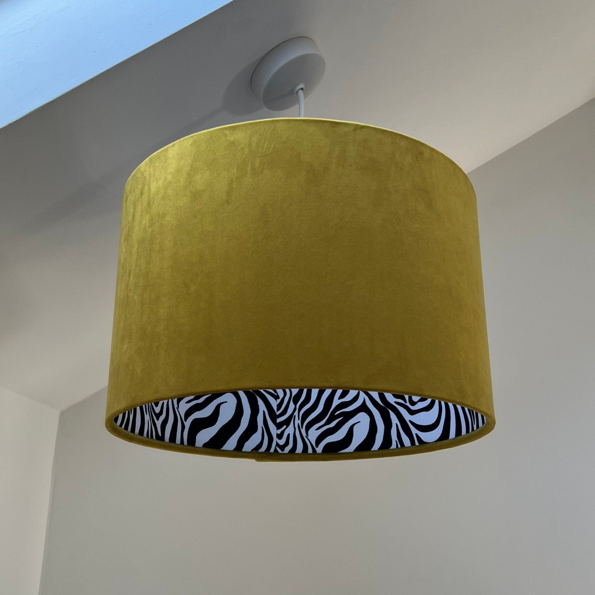 Mustard Velvet &amp; Zebra Cotton Double Sided Drum Lampshade | Handmade Ceiling Light Shade | Bespoke UK