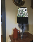 White flowers velvet french drum lampshade, with black fringe and braid
