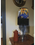 Floral midnight velvet french drum lampshade / ceiling light shade, with black fringe and braid