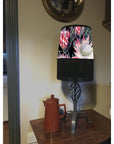 Black and pink botanical velvet french drum lampshade / ceiling light shade, with black fringe and braid